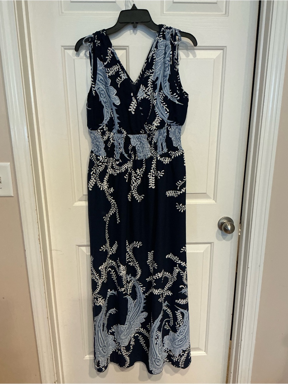 Navy Paisley Tie-Shoulder Maxi Dress -